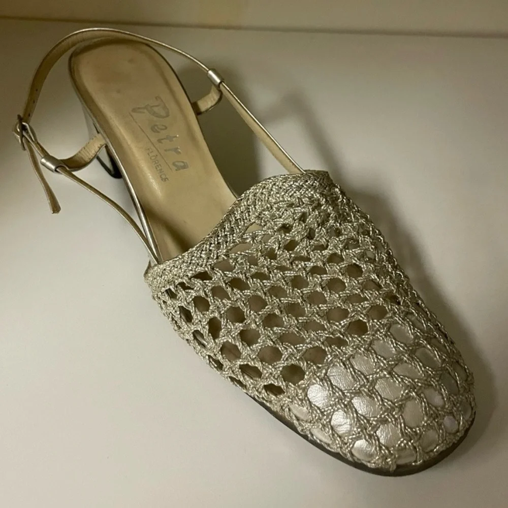 PETRA Italian Slingback Silver Woven Semi Pump Heel size 6.5